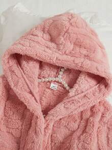 Girls' Pink Minimalist Bear Jacquard Fleece Long Robe, Casual Sleepwear For Winter Home Scenes, Warm Throughout The Winter - Baby Pink - View 4