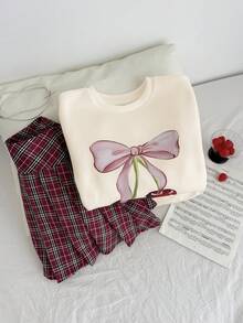 SHEIN 青少年女孩樱桃蝴蝶结可爱图案连帽衫套装，格子红色百褶迷你裙
