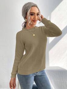 SHEIN LUNE Suéter con manga raglán y nudo lateral, color rosa intenso - Camel - Ver 5