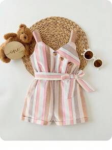 寶寶女孩夏季紋路牛仔露背連身裝，適用於休閒及假期，並帶腰帶