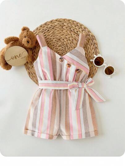 寶寶女孩夏季紋路牛仔露背連身裝，適用於休閒及假期，並帶腰帶