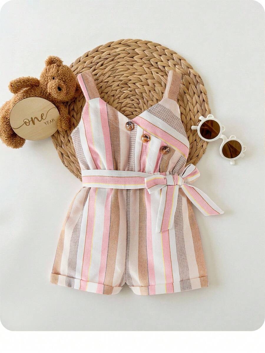 寶寶女孩夏季紋路牛仔露背連身裝，適用於休閒及假期，並帶腰帶