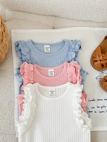 3pcs/Set Newborn Baby Girls Cute Solid Color Sleeveless Bodysuits, Summer - White - View 5