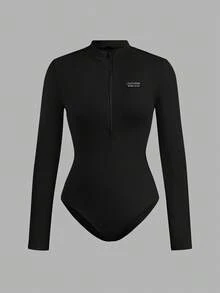 SHEIN EZwear 2 件女士休闲简约风格真刺绣字母徽章拉链高领紧身连体衣，百搭服装，适合秋冬季，机场搭配 - 彩色 - 查看 3