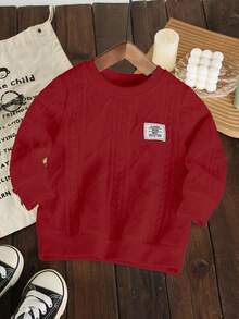 SHEIN Playful Pals 1 件男婴休闲字母贴花针织菱形提花图案圆领卫衣，舒适日常穿着，秋冬。家庭装妈妈和我（3 件单独出售）