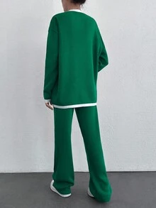 SHEIN Cottnline 2pcs/Set Women Contrast Color Block Front Button Closure Long Sleeve Top And Pants Casual Suit - Dark Green - View 2