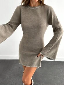 EURMUSE Women Color Block Sweater Dress With Striped Edges - Mocha Brown - View 4