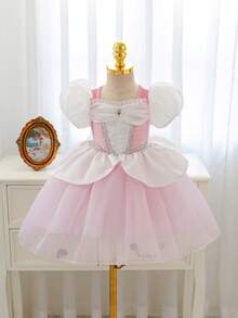 SHEIN Glamorique Kids 女婴公主薄纱连衣裙，粉色泡泡袖派对礼服，生日派对、婚礼、节日正式场合礼服，派对服装，生日派对婚礼节日正式礼服，粉色薄纱泡泡袖连衣裙，粉色薄纱水钻，中东、欧洲和美国 - 粉色 - 查看 3