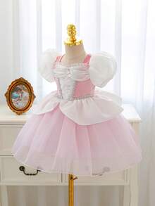 SHEIN Glamorique Kids 女婴公主薄纱连衣裙，粉色泡泡袖派对礼服，生日派对、婚礼、节日正式场合礼服，派对服装，生日派对婚礼节日正式礼服，粉色薄纱泡泡袖连衣裙，粉色薄纱水钻，中东、欧洲和美国 - 粉色 - 查看 4