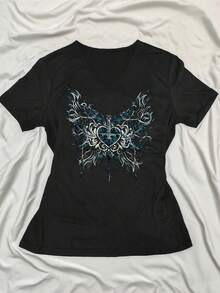 INAWLY 女士蝴蝶和心形印花 V 领休闲短袖上衣，复古 Y2K 美学街头时尚 - 黑色 - 查看 1