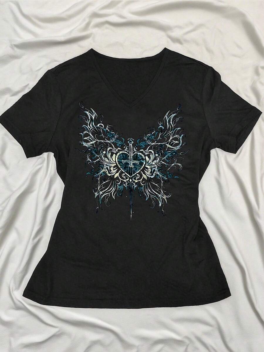 INAWLY 女士蝴蝶和心形印花 V 领休闲短袖上衣，复古 Y2K 美学街头时尚 - 黑色 - 查看 1