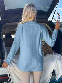 EURMUSE Women Solid Color Mock Neck Raglan Sleeves Sweater - Baby Blue - View 3