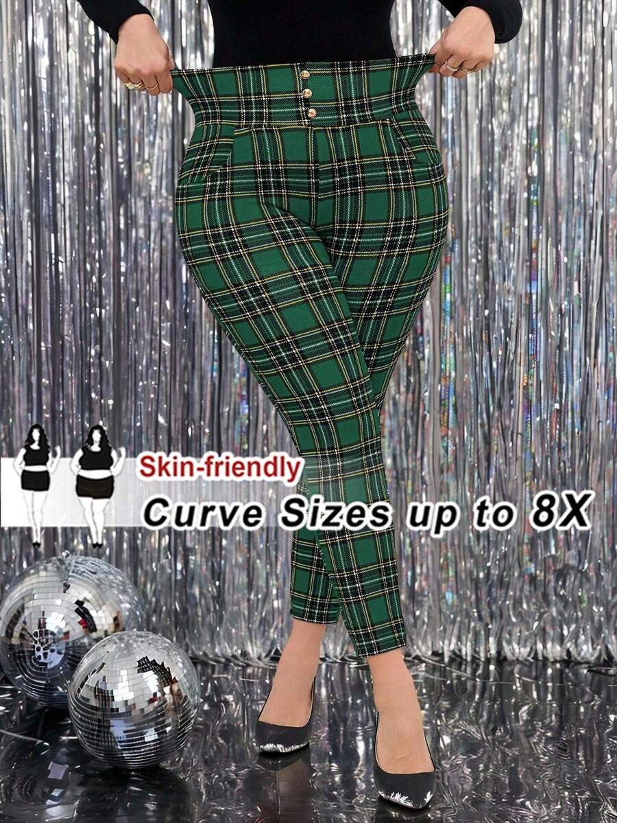 SHEIN CURVE+ 大码女式格子印花紧身裤，适合日常穿着、情人节约会和圣诞节 - 彩色 - 查看 1