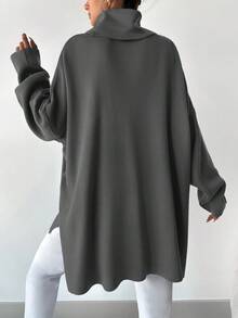 EURMUSE Women's Turtleneck Solid Color Drop Shoulder Split Hem Sweater - Grey - View 2