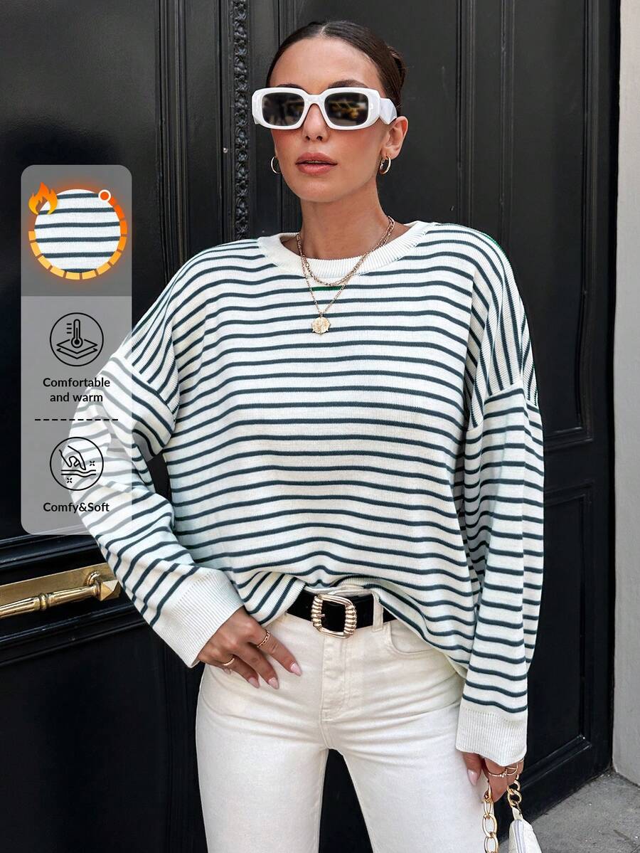 EURMUSE Striped Pattern Drop Shoulder Sweater - Dusty Blue - View 1
