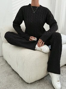 EURMUSE Women's Autumn/Winter Solid Color Round Neck Long Sleeve Sweater And Knit Pants Casual 2 Pieces Set - Black - View 6