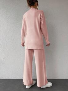 SHEIN Cottnline Solid Color Half-Turtleneck Drop Shoulder Sleeves Casual Sweater 2pcs/Set - Pink - View 2