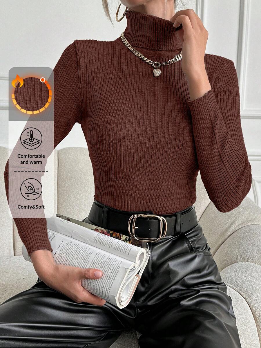 SHEIN Cottnline Women's High Collar Ribbed Long Sleeve Sweater - Coffee Brown - View 1