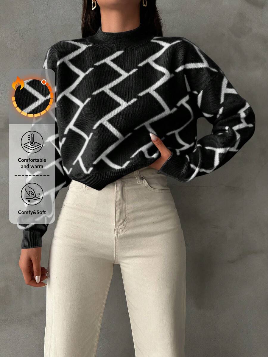 EURMUSE Women's Casual Geometric Pattern Sweater For Fall And Winter - Black - View 1