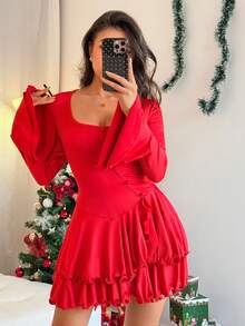 SHEIN Unity Women's Solid Color Flare Sleeve Ruffle Hem Sexy Fashion Safety Shorts Single-Breasted Elegant Party Dress - Red - View 5