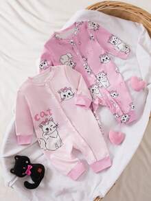 2 件套新生女婴可爱兔子卡通印花长袖连体衣套装，粉色 - 彩色 - 查看 1