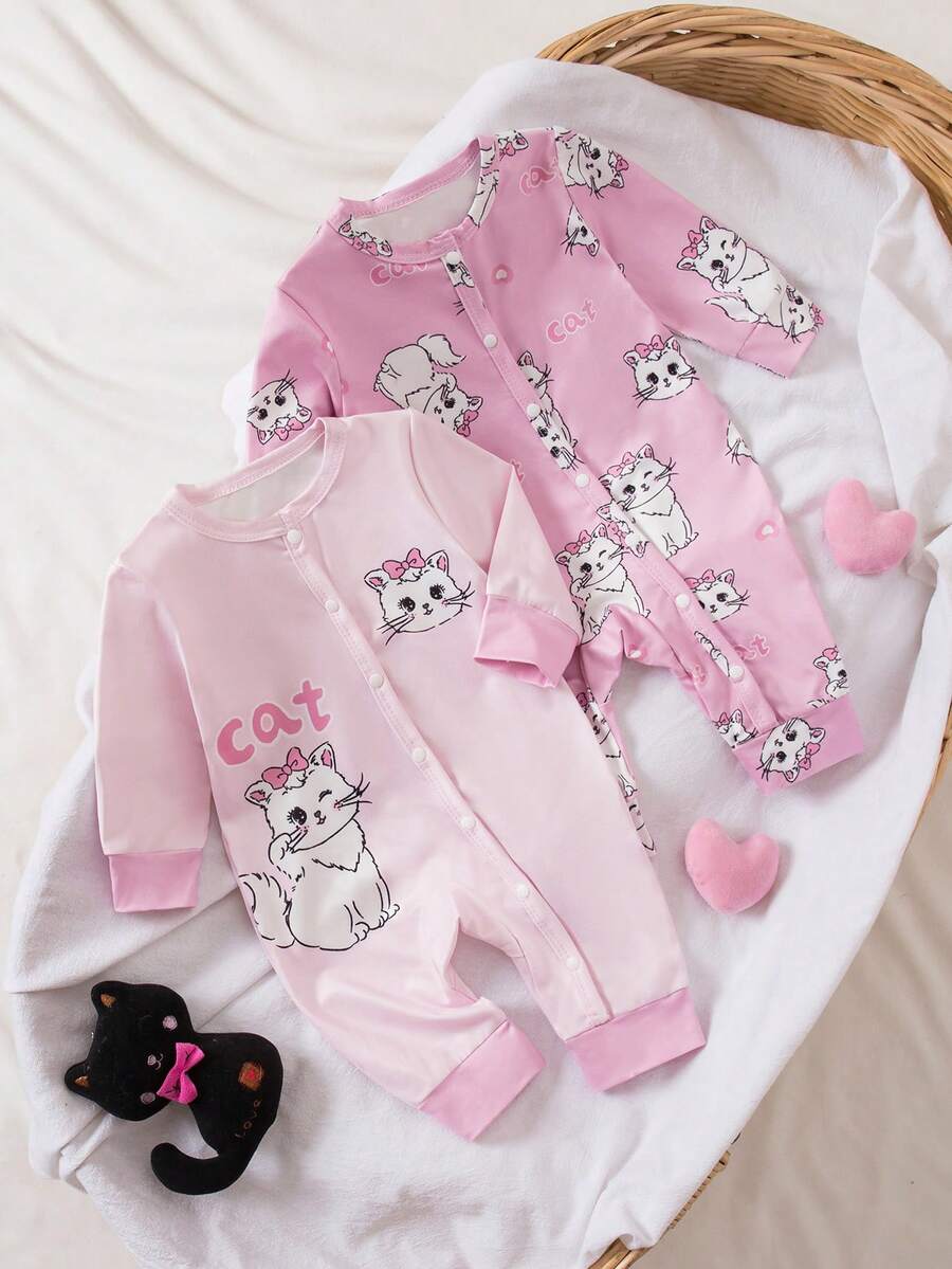 2 件套新生女婴可爱兔子卡通印花长袖连体衣套装，粉色 - 彩色 - 查看 1