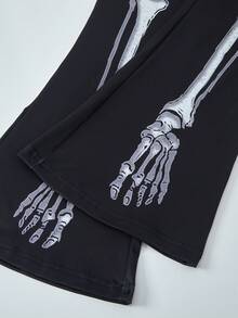 SHEIN Sweetra Young Bộ quần áo thun hở vai in họa tiết bộ xương hóa trang Halloween thường ngày cho bé gái tuổi teen - màu đen - Xem 8