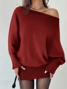 Aloruh Y2K 风格百搭不对称肩长袖修身腰身毛衣裙，休闲/通勤，秋冬复古美式美学 - 紅色 - 查看 4