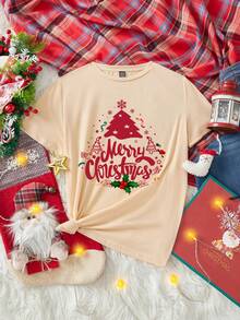 SHEIN LUNE Lässiges, weites Rundhals Damen T-Shirt mit rot bedrucktem Weihnachtsbaum und englischen Buchstaben, geeignet für Weihnachten, Partys, Familien-Matching, Paar-Matching im Herbst/Winter