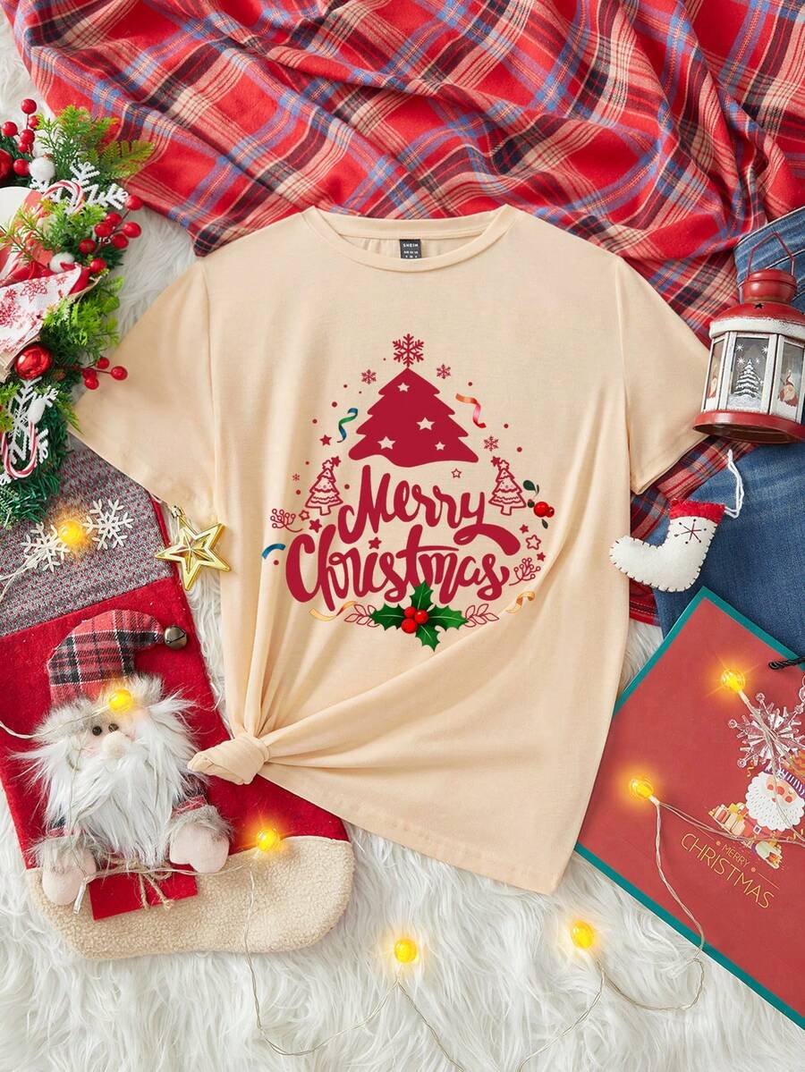 SHEIN LUNE Lässiges, weites Rundhals Damen T-Shirt mit rot bedrucktem Weihnachtsbaum und englischen Buchstaben, geeignet für Weihnachten, Partys, Familien-Matching, Paar-Matching im Herbst/Winter