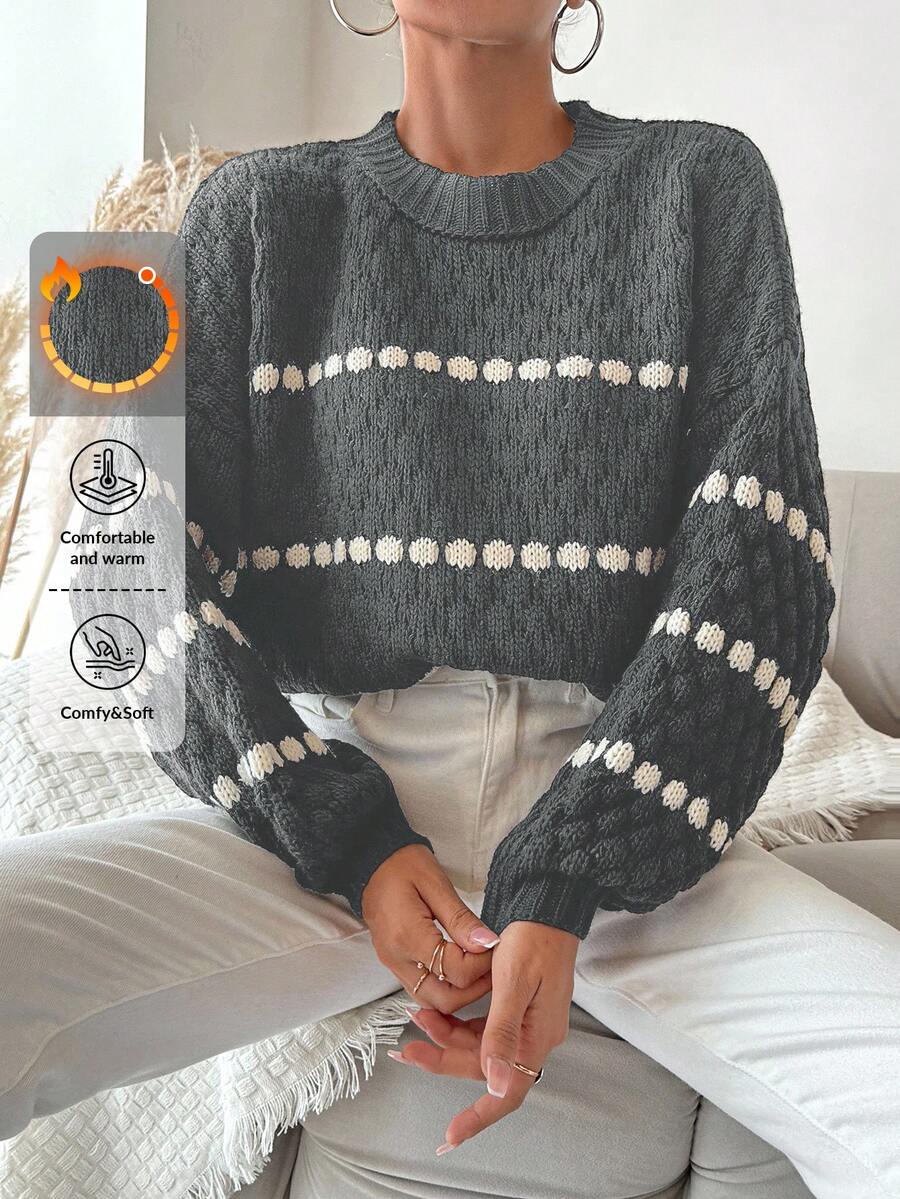 EURMUSE Polka Dot Pattern Bell Sleeve Sweater - Light Grey - View 1