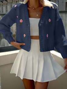 EURMUSE Women Knitwear Cardigan With Flower Embroidery - Navy Blue - View 3