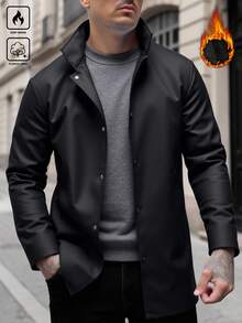 Manfinity Homme 男士纯色单排扣保暖长款休闲冬季夹克 - 黑色 - 查看 2