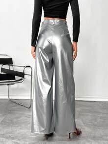 Siren Gaze 女士皮革女裤纯色前扣简约休闲裤，日常穿着，女士下装 - 銀色 - 查看 2