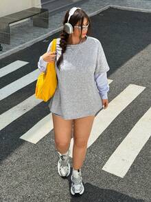 SHEIN EZwear 大码女式休闲时尚街头日常通勤撞色条纹二合一运动衫，春秋季 - 灰色 - 查看 3