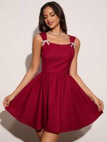 Enchnt Women's Elegant Burgundy Red Rhinestone Bow Decor Mini Dress, Summer Sleeveless Minimalist Chic&Elegant For Date&Formal Party Everyday Wear - Burgundy - View 4