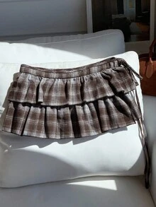 SHEIN Comfortcana Women's Fashionable Plaid Print Mini Skirt - Coffee Brown - View 2