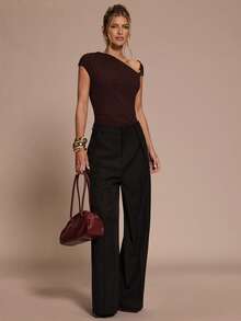 SHEIN BAE Elegant Burgundy Summer Party Bodysuit For Women,Asymmetric Shoulder Metallic Buckle Decor, Date Cocktail Music Festival Autumn Base Layer - Brown - View 4