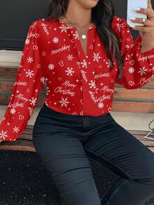 EMERY ROSE 1件女士圣诞节红色衬衫，适合秋冬季节，长袖上衣，红色衬衫，加大码圣诞女装，女士衬衫，长袖红色衬衫，圣诞衬衫 - 彩色 - 查看 3