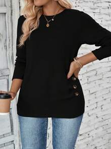 EMERY ROSE Autumn/Winter Casual Black Long Sleeve Vintage Round Neck Ruched Hem Button Down Plus Size T-Shirt - Black - View 3