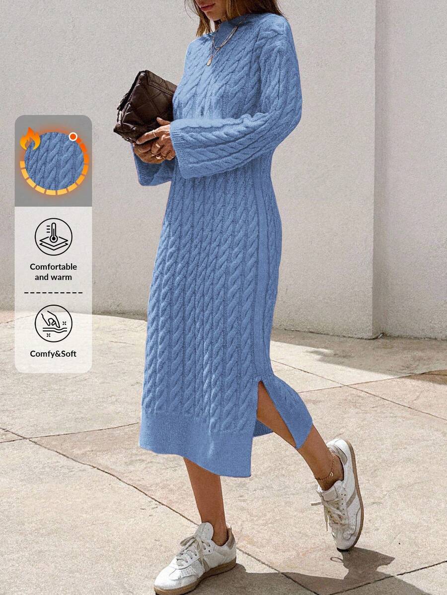 EURMUSE Women's Knitwear Long Dress With Cable Pattern,Petite - Baby Blue - View 1