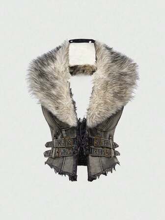 Hippie جاكيت جينز للنساء مع طوق فرو اصطناعي قابل للإزالة