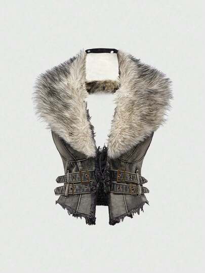 Hippie Giacca di jeans da donna con colletto in pelliccia finta rimovibile, stile Y2K