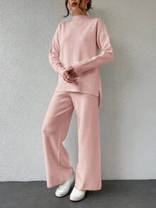 SHEIN Cottnline Solid Color Half-Turtleneck Drop Shoulder Sleeves Casual Sweater 2pcs/Set - Pink - View 4