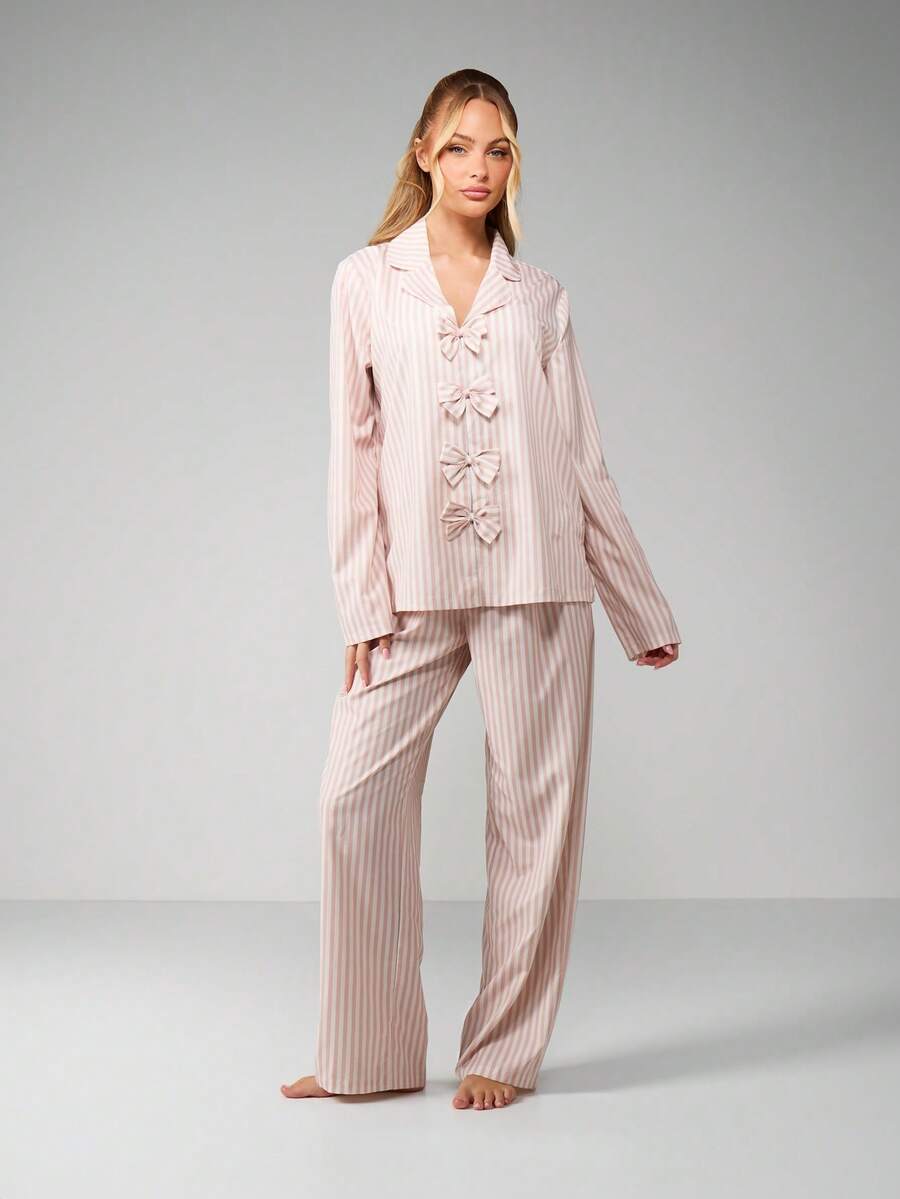 MISSGUIDED Striped Bow Front Pajama Set Long Sleeve Button Up Sleepwear Lounge Comfort Wear - Pink - View 1