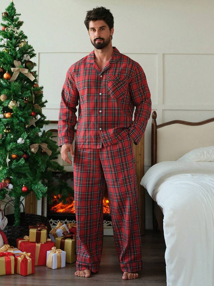 Autumn Red Plaid Top & Pants With Burgundy Christmas Style Men's Pajama Set,New Year, Winter Clothes