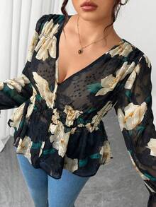 Elenzga Plus Size Women Floral Print Ruffle Hem Blouse, Suitable For Back To School, Graduation Printemps - Black - View 4