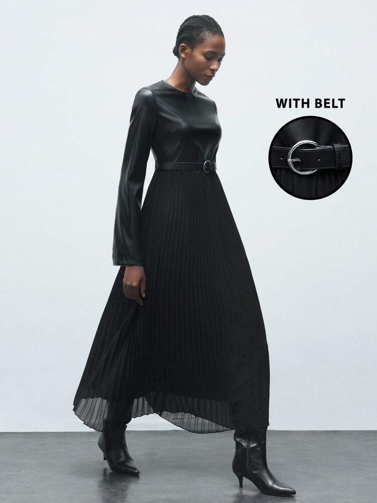 SHEIN Maija Women's Fashion Solid Color Patchwork Pleated Waist Long Dress, Winter Dress, Autumn Clothes , Halloween Costumes, Halloween Cosplay, Christmas Party , New Year Clothes , New Year Women,Thanksgiving Outfit For Women,PU Chiffon Patchwork Dress, Pleated, Big A-Line Silhouette, With Belt, Small Round Neckline, Long Sleeves, Autumn And Winter Modern Style, Street Design, Suitable For Going Out, Women's Midi Dress.