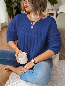 EMERY ROSE Plus Size Textured Crew Neck Relaxed Fit Sweater For New Year Clothes - Royal Blue - View 4