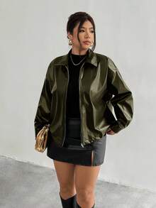 Firerie Plus Size Women Black Long Sleeve PU Leather Jacket/Winter Green - Green - View 4
